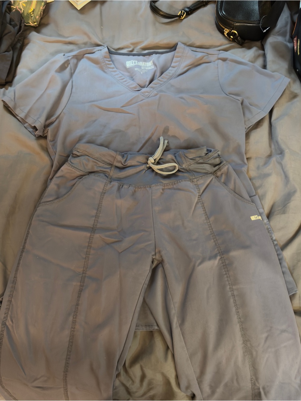 Grey's Anatomy Women's Charcoal Drawstring Scrub Joggers and V-Neck Top Set